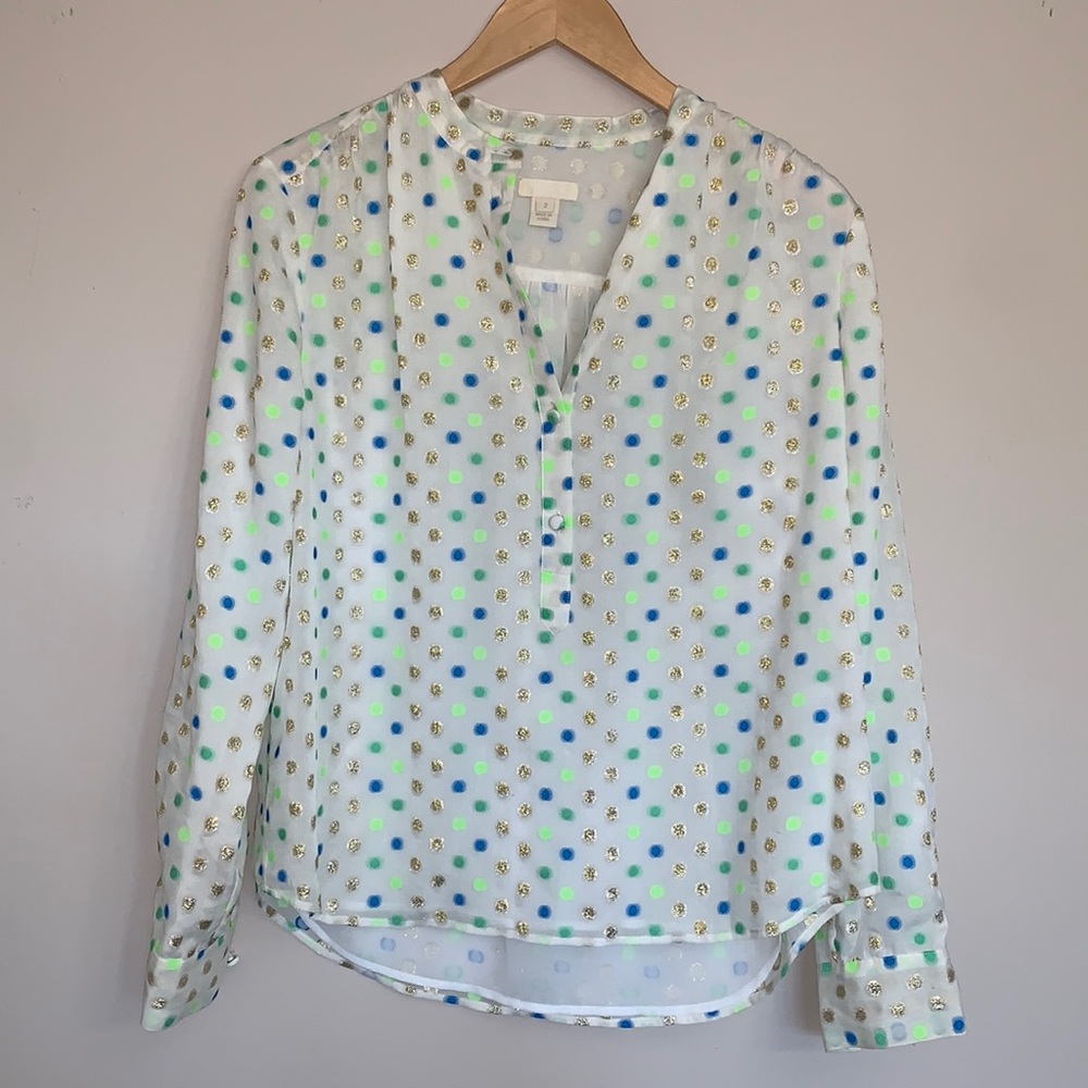 J. Crew Cream Blouse with Blue, Green and Gold Dot Print